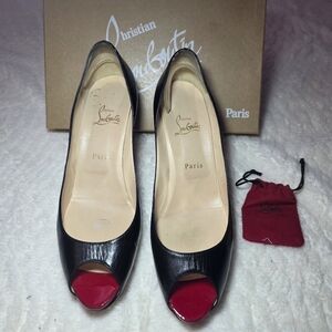 Christian Louboutin Black Leather Peep-Toe Pumps with Red Toe Cap